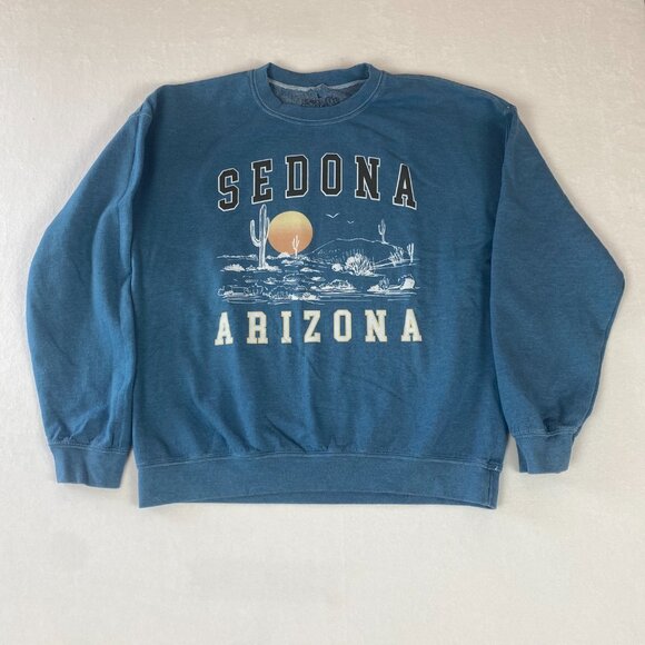 Sedona Arizona Cactus Sunset Landscape Graphic Blue Crewneck Pullover Sweatshirt - Picture 3 of 8